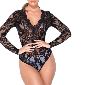 

Sexy Lace Women Romper Sexy See-through Deep V-neck Stretch Bodysuit Ladies Long Sleeve Sheer Leotard Tops