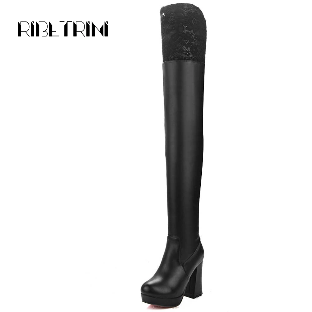 

RIBETRINI Over The Knee Boots Women Square High Heels Round Toe Platform Shoes Woman Slim Side Zip Lace Top Knight Boots