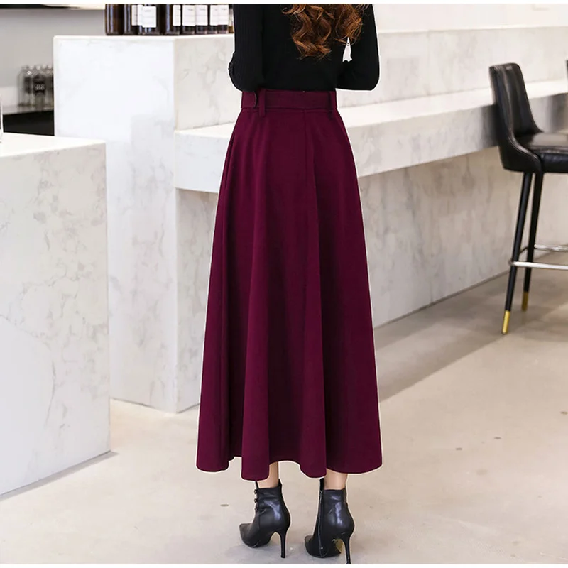 Autumn Winter Women's Woolen Maxi Skirts With Belt Pockets Vintage Wool Skirt Ladies Fashion Casual Khaki Streetwear Female