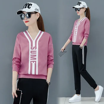 

Autumn New Letter Printing 2 Piece Set Loose V-neck Long Sleeve Top and Pants Two Piece Sets Temperament Womens Clothes