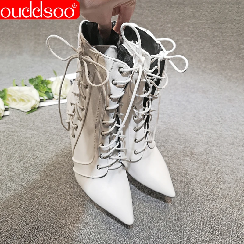 

ODS Autumn Winter Women Boots High Heels Pu Leather Zipper Booties Sexy Pointed Toe Ankle Boots Lace Up Woman Shoes White Red 46