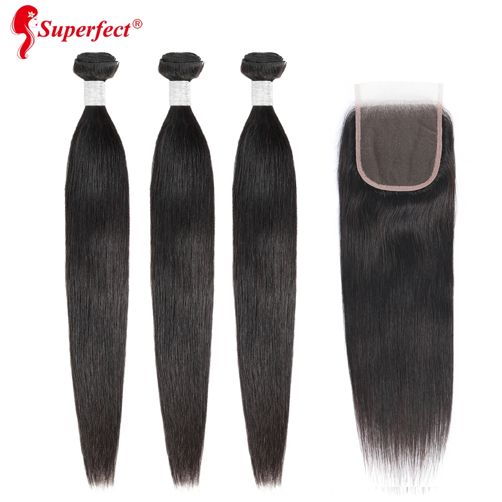 Superfect Human Hair Bundles With Closure Brazilian Straight Hair 
