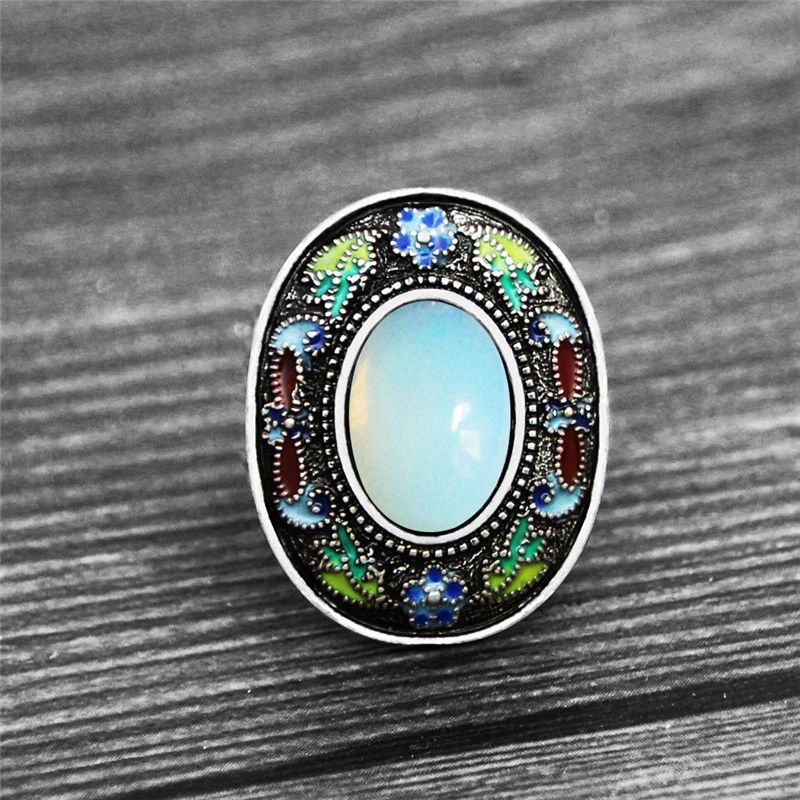 Synthetic opal Винтаж Овальный Кварц Lapis кольца для женщин Богемия живопись Ремесло Цветок Завод натуральный камень Мода регулируемое кольцо - Цвет основного камня: Synthetic opal