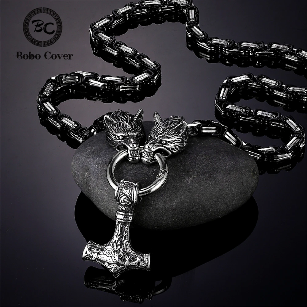 Nordic Punk Celtic Wolf Head Men Necklaces Mjolnir Viking Vegvisir Amulet Anchor Pendant Mix Black Stainless Steel Chain Jewelry | Украшения