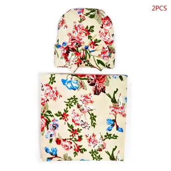 

2 Pcs/set Baby Swaddle Wrap Children Bow-knot Cap Newborn Print Blanket Hat Maternal and Child Supplies