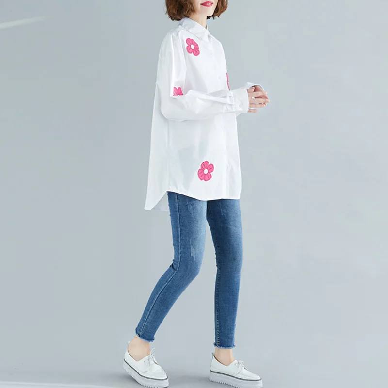 Spring 2020 Women Off White Cardigan Blouse Korean Version Applique Loose Casual Shirt Simple Large Size Long-Sleeve Shirt Women