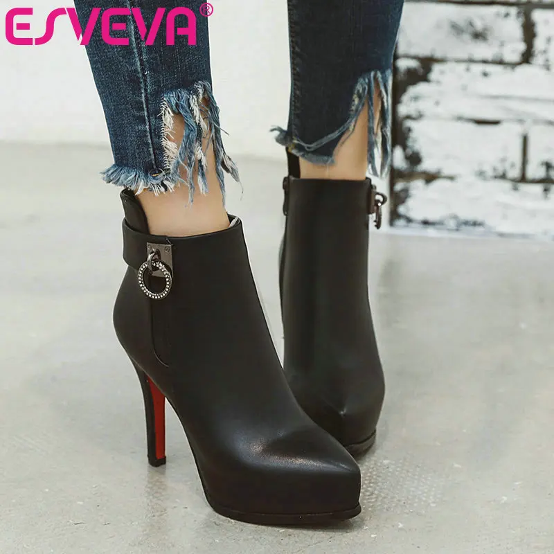 

ESVEVA 2020 PU Leather Western Style Thin High Heel Women Shoes Winter Ankle Boots Pointed Toe Zipper Fashion Boot Size 34-43