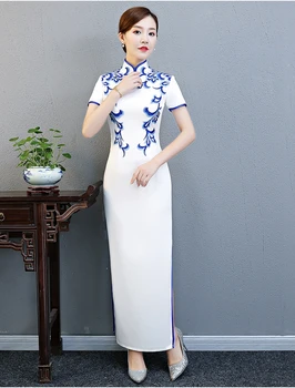 

Plus size 5XL custom cheongsam Chinese Style blue and white porcelain long catwalk dress costume Qiudong etiquette Qipao dress