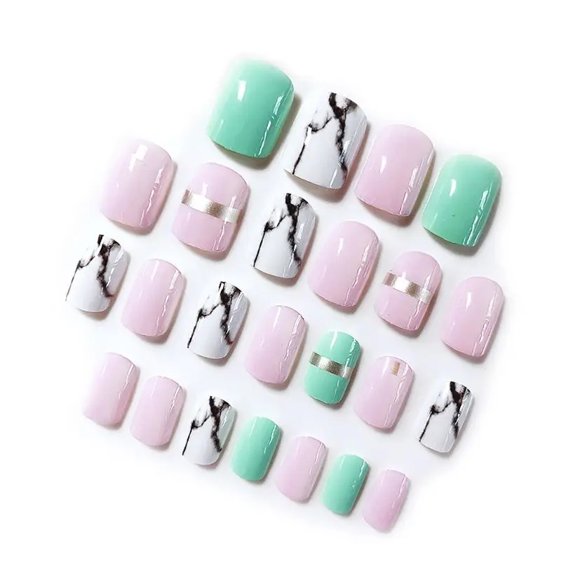 

24pcs Marble Grain Fake Finger Nails Shiny Artificial False Full Cover Nail Art Tips X7YB