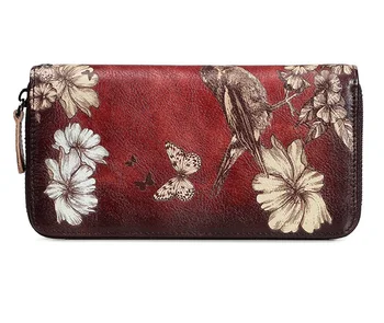 

New embroidered leather wallet women's Long Zip Wallet