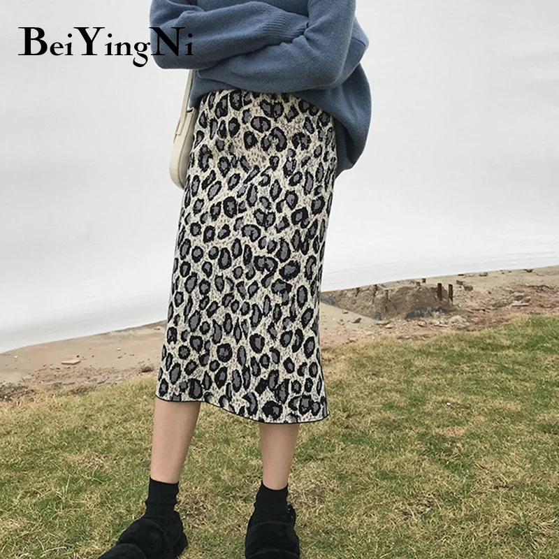 Beiyingni, винтажная леопардовая юбка-карандаш, для женщин, тонкая, высокая талия, повседневные, модные, миди юбки, для девушек, осень, посылка, в стиле хип-хоп, сексуальная, Kpop Saia