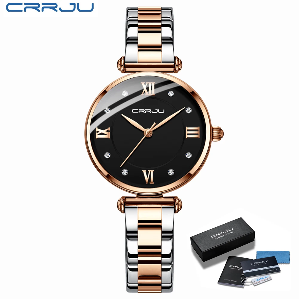 Womens Watch Waterproof CRRJU Luxury Bracelet Quartz Stainless Ladies Relogio Crystal