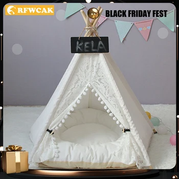 

RFWCAK Lace Pet Tent Dog House Washable Winter Tent Puppy Bed Cat Kennel Portable Teepee With Cushion Kattenmand Pet Supplies