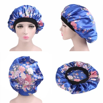 

58cm New Fashion Women Satin Night Sleep Cap Hair Bonnet Hat Shower Caps Silk Head Cover Wide Elastic Band