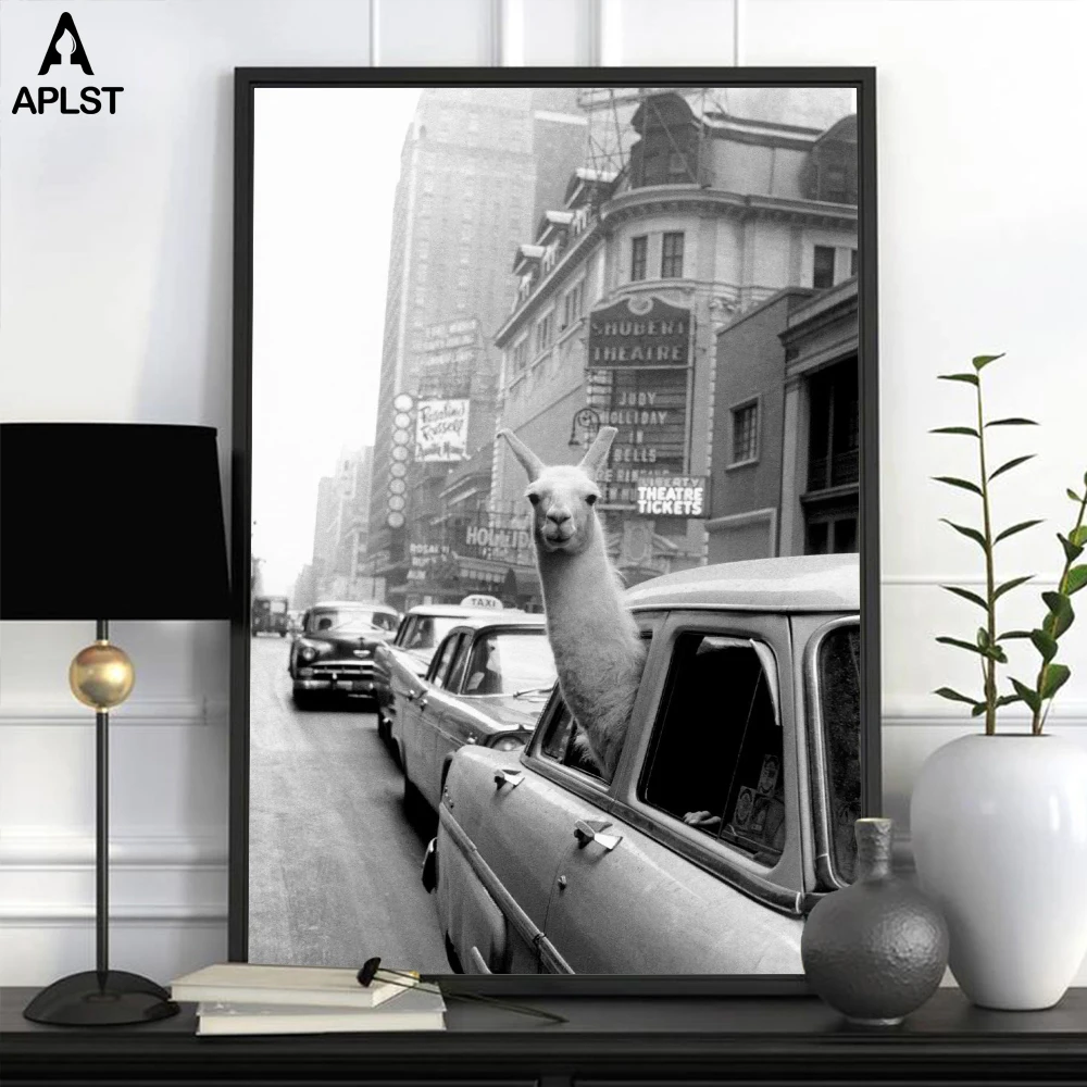 Забавная Картина на холсте, альпака, лама в Нью-Йоркском городе, такси, животные, печать, плакаты, настенные художественные фотографии для детского спального общежития