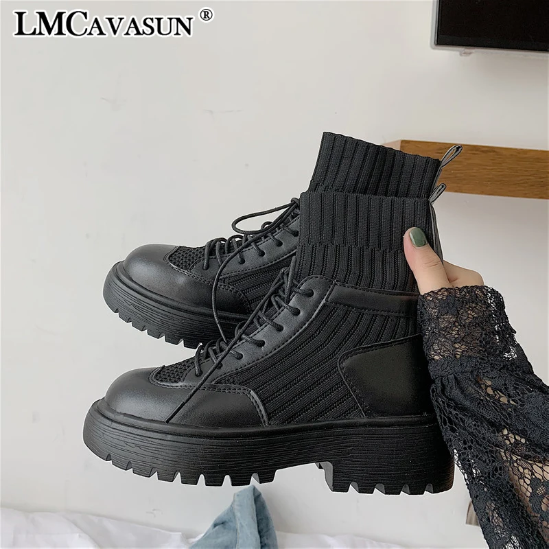 Черный LMCAVASUN/черные вязаные носки; женские ботинки; сезон осень-зима; Новинка; модные удобные дышащие женские ботинки для отдыха - Цвет: Черный