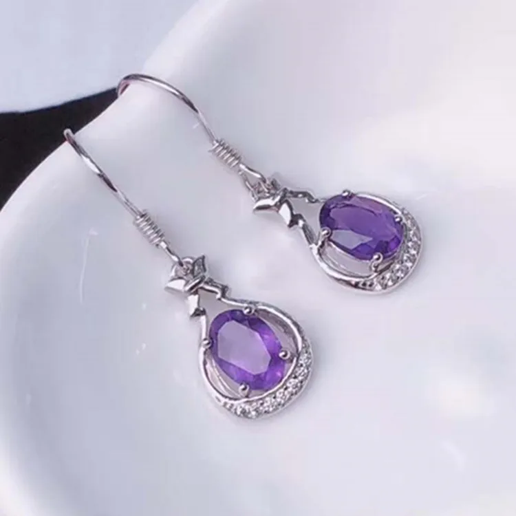 

New Style Product Arrival 925 Silver Inlaid Natural Amethyst Earrings Fire Color Shining Crystal Transparent Support Nationwide