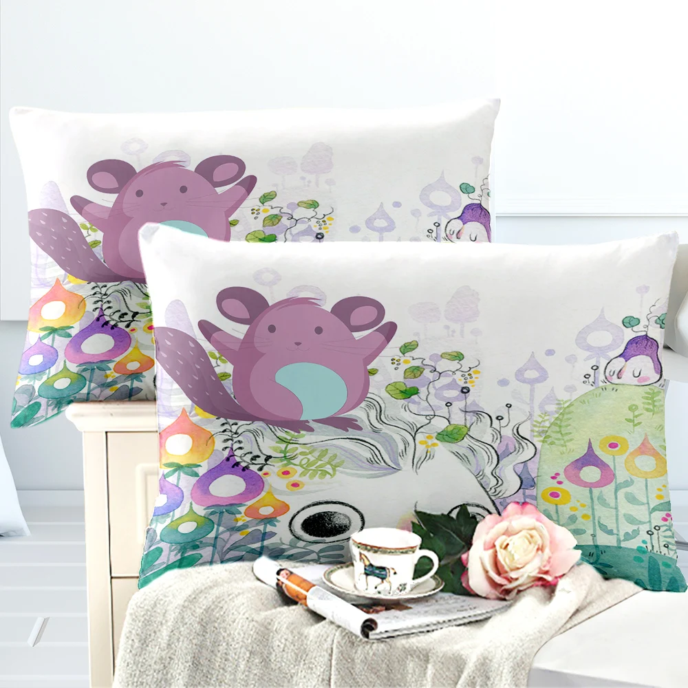 Cute Totoro Theme Bedding Set Kid 3D Printed The Celves in Orange/Purple/Blue Floral White Duvet Cover Set 3 Pieces+2 Pillowcase