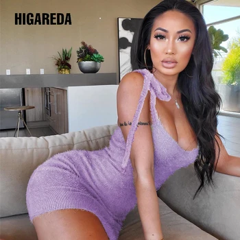 

2020 Summer Casual Furry Bodycon Mini Dress Tie Up Sleeveless Backless Spaghetti Strap es Ladies Purple Solid