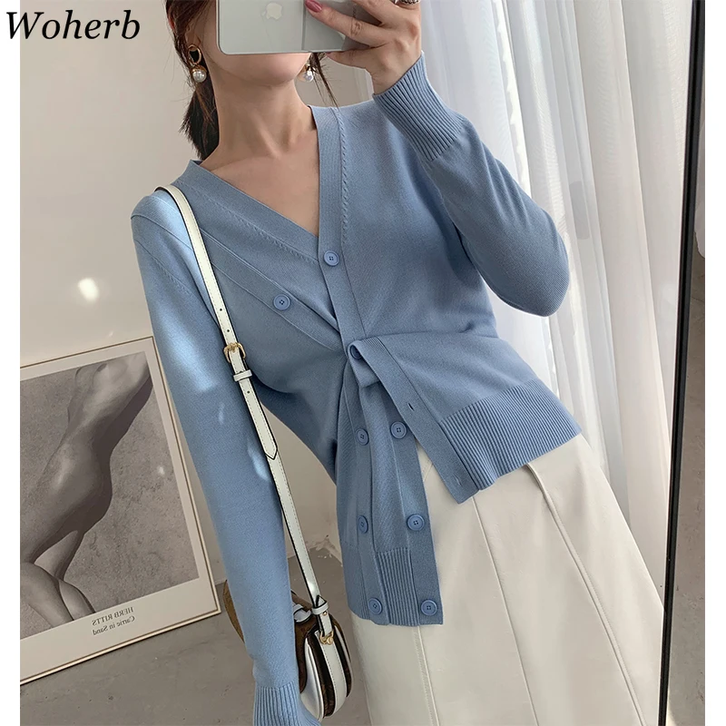 

Woherb Spring Thin Knitted Cardigan High Quality Asymmetrical Knitwear 2020 New Elegant Jumper Sexy V-neck Slim Sweaters