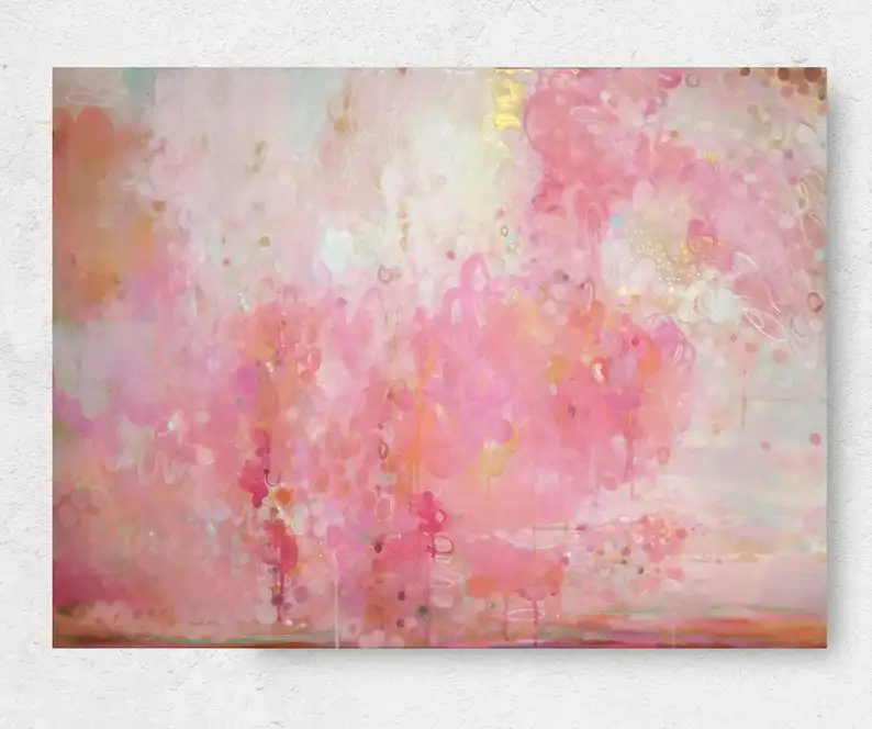 

Розовая и Золотая Абстрактная живопись, румяна розового, бежевого и золотого цвета, искусство для спальни, розовый и персиковый цвет, оформление комнаты для девочек