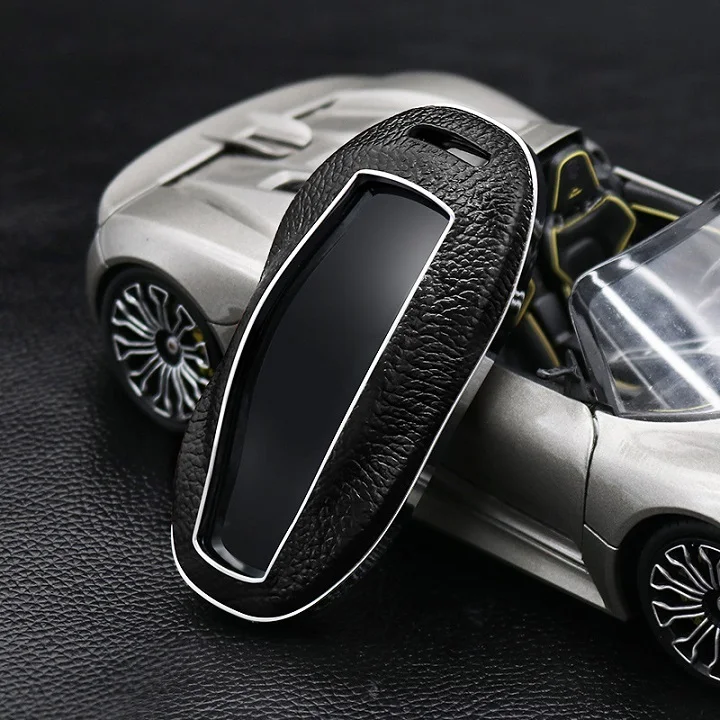 Верхний слой кожа+ ABS пульт дистанционного ключа автомобиля чехол для Tesla модель S модель s брелок аксессуары - Название цвета: Черный