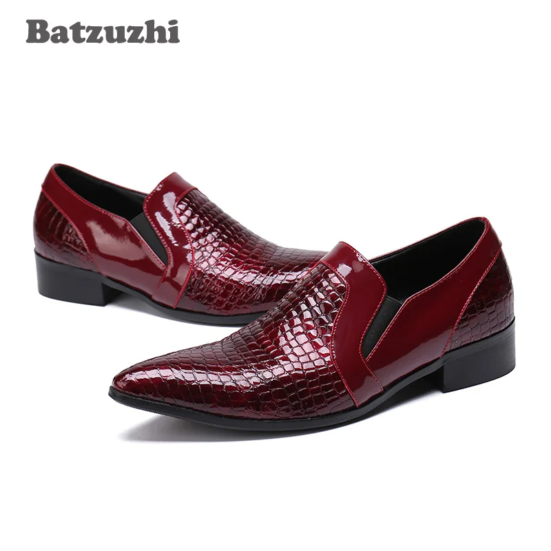 

LUXURY Handmade Mens Shoes Pointed Toe Genuine Leather Business Shoes Men Zapatos Hombre Wine Red Wedding Shoes Men, eu38-46