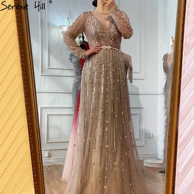 Serene Hill Muslim Gold A-Line Luxury Evening Dresses Gowns 2021 Sparkle Beading Long Sleeves Sexy For Women Party LA70674 4