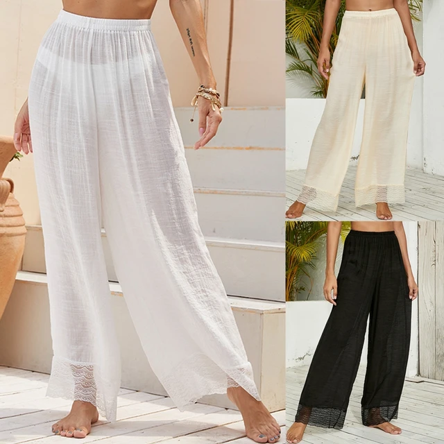 Pantalones de playa de encaje para mujer, pantalón de pierna ancha, Blanco/Negro/Beige, solar, transparente, adelgazante, informal, para fiesta, Primavera _ - AliExpress Mobile