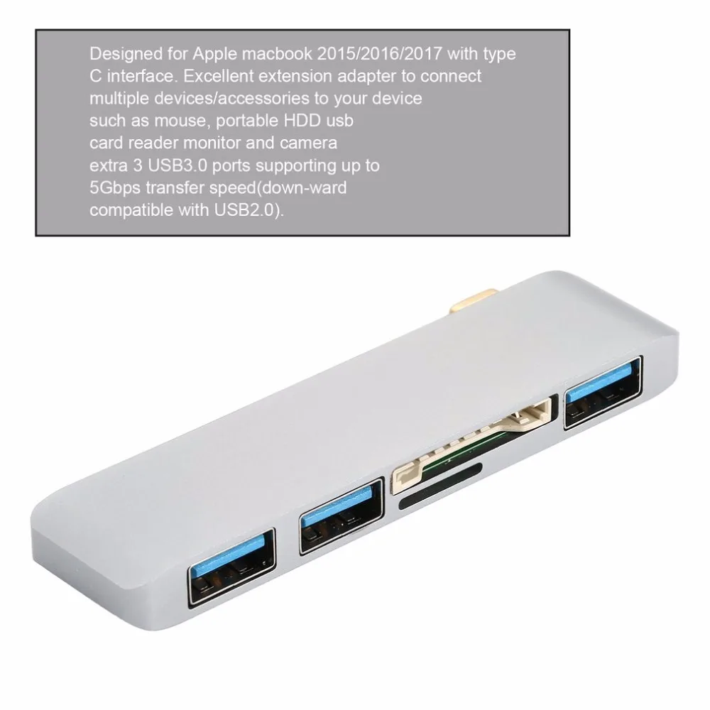 Портативный алюминиевый тип-c концентратор адаптер для MacBook 5 Гбит/с безопасный цифровой/TF кард-ридер и 3 порта USB 3,0