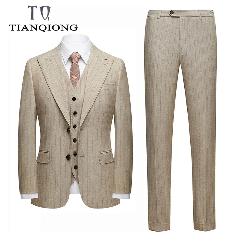 

Latest Coat Vest Pant Designs Brand Khaki Striped Wedding Suits 2024 Fashion Men Slim Fit Formal Suit Male 3 Piece Formal Wear