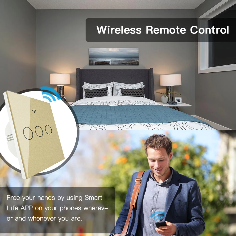 WiFi Smart Wall Switch No Neutral Wire Needed Wireless Smart Life Tuya Remote Control Single Fire Work With Alexa RF433 Gold