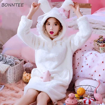 

Nightgowns Flannel Solid Winter Women Thicken Nightdress Lovely Hooded Pockets Long Sleeve Warm Kawaii Trendy Sleepwear Womens