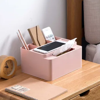 

Desktop Storage Box Case with Tissue Box Napkin Holder Cosmetics Jewelry Makeup Organizer Smartphone TV Remote Control Holder