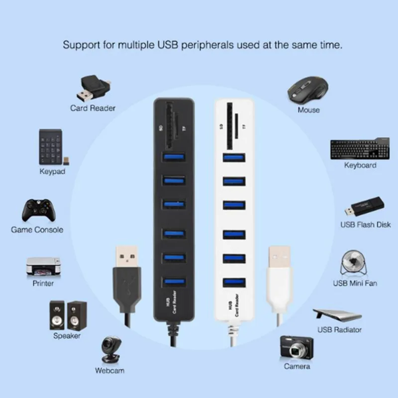 8 портов 2,0 usb-хаб COMBO 480 Мбит/с высокоскоростной 3 фута шнур TF Micro SD SDHC считыватель карт памяти разветвитель концентратор многопортовый