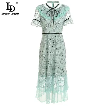 

LD LINDA DELLA Summer Fashion Runway Designer Dress Women Mesh Flare Sleeve Bow Beading Floral Print Boho Ladies Midi Dresses
