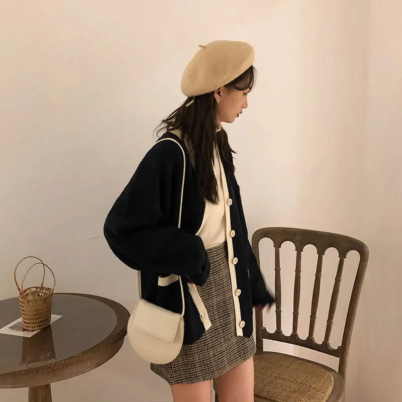 

2020 autumn and winter korean style color patchwork V neck knittd cardigans womens sweaters cardigans womens