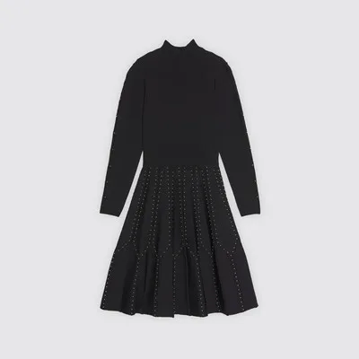 Black Осень-зима, модное, с заклепками, геометрическое, трикотажное платье, женское, с длинным рукавом, ТРАПЕЦИЕВИДНОЕ, однотонное, черное, мини-платье - Цвет: Black