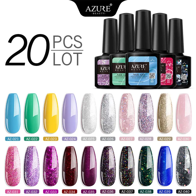 Azure Beauty 20Pcs/Lot Nail Gel Polish Set Soak Off UV/LED Lacquer Long Lasting Glitter Shiny Color Varnish Kits | Красота и здоровье