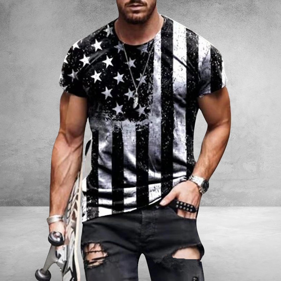 2021 Men&#39;s T-shirt American Flag Print T-shirt Summer Round Neck Cool Oversize Muscle Streetwear Clothing Tshirt Men