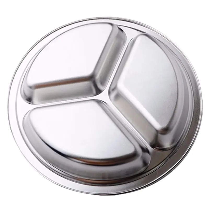 Stainless Steel 3 Sections Round Divided Dish Snack Dinner Plate Diameter
