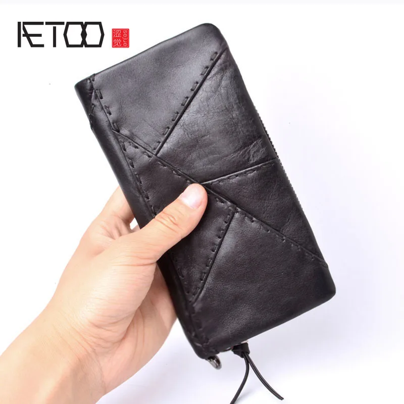 Handmade Wallet Retro AETOO Patchwork Long Zipper Original Vintage First-Layer of Large