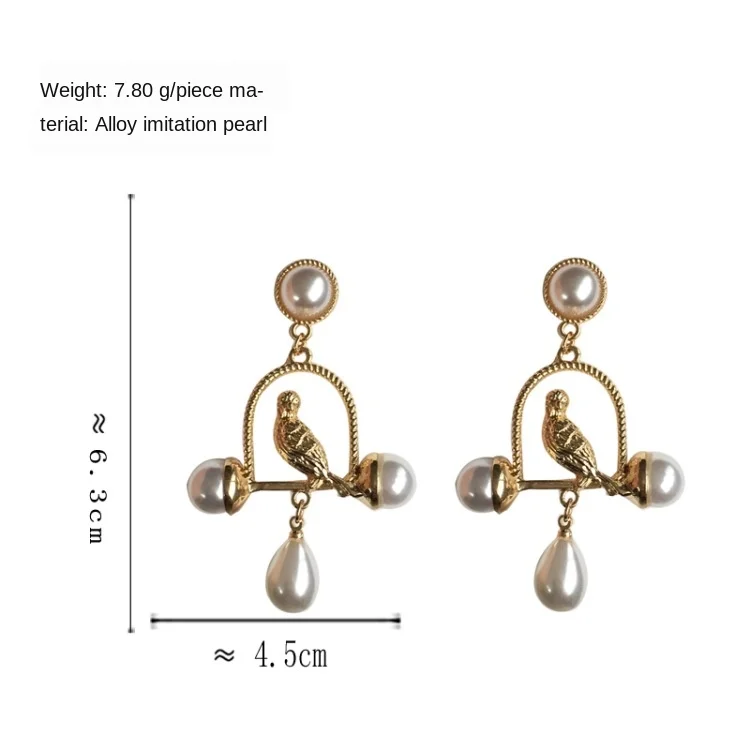 French Statement Palace Bird In Cage Clip on Earrings No Piercing Vintage Baroque Imitation Pearl Bird Clip Earrings No Hole