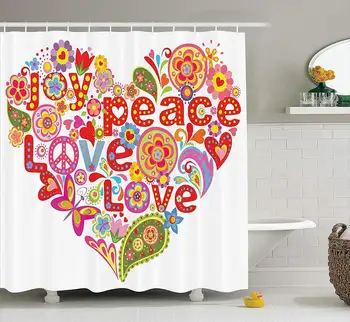 

Bathroom Decor Shower Curtain Print with Colorful Hippie Floral Heart Spring Happiness Joy Wish Hope Message Shower Curtain
