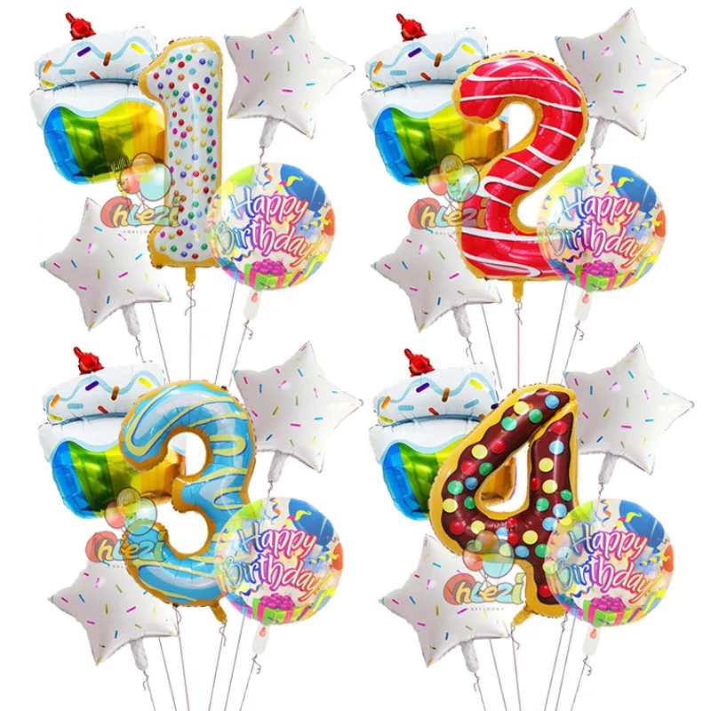 

5pcs 40 Inch Donut Number Foil Balloons Rainbow Candy Cake Helium Ballon 18inch Transparent Birthday Party Decorations Kids Toys