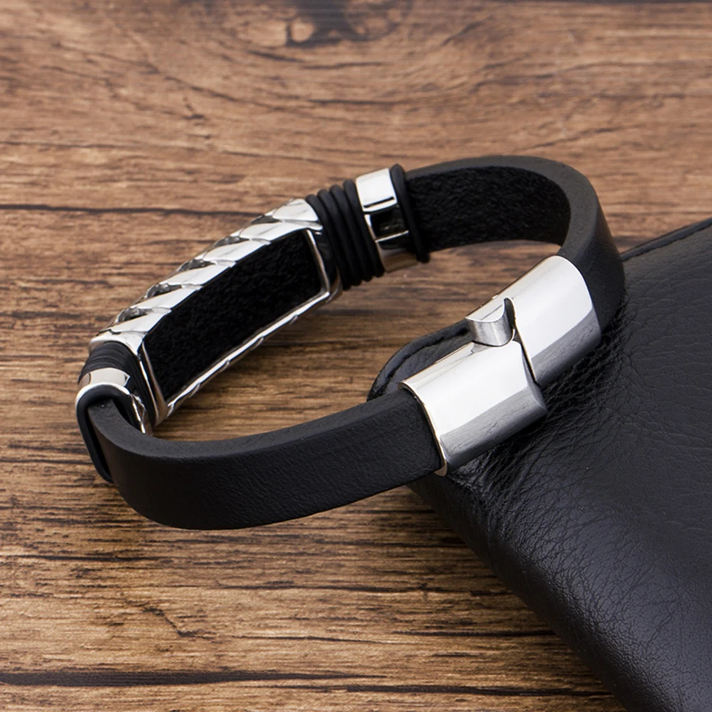 Stainless Steel Magenet Charm Black Genuine Leather Bracelet Jewelry - Image 3