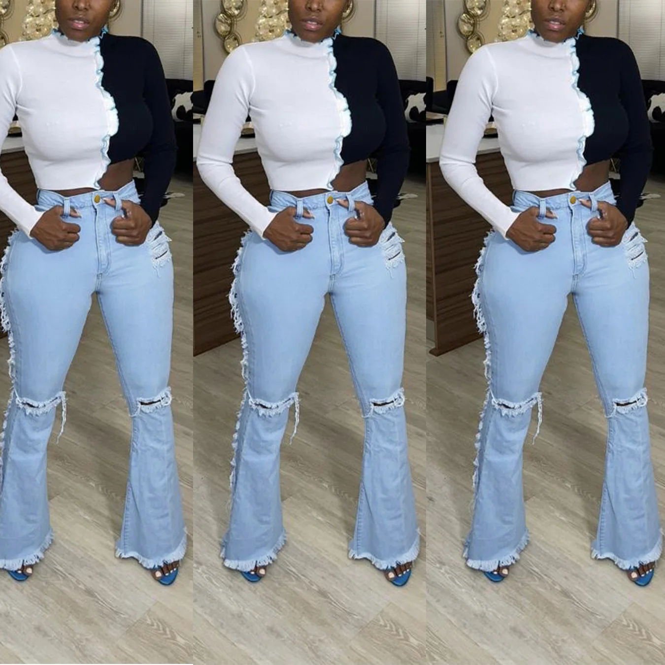

European and American New Fashion Jeans Women's Denim Pants with Big Holes
