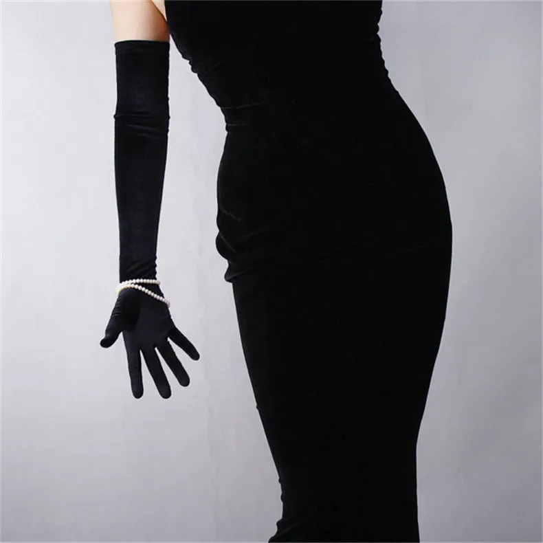 Новые 60 см черные велюровые перчатки очень длинные Над коленом Vestido de noche высокие эластичные черные Лебеди бархатные женские сенсорный экран WSR08
