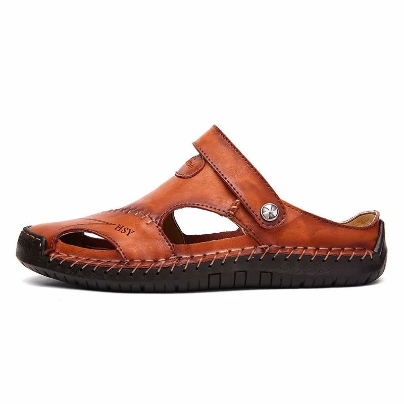 Летние мужские кожаные сандалии, Классические римские сандалии, шлепанцы, мужские пляжные сандалии для плавания, треккинга, большой размер 48 - Цвет: Red brown