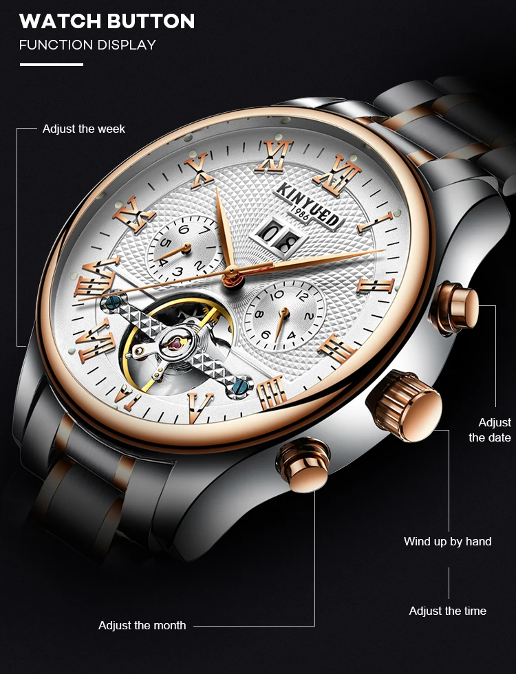 KINYUED Men's Watch Skeleton Automatic Mechanical Male Wrist Watch Calendar Week Display Waterproof Classic reloj hombre Clock